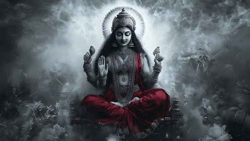 Digital depiction of seated multi-armed deity in misty setting.