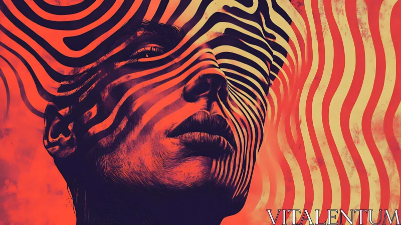Striped portrait distorts human face with vivid waves
