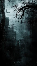 Crescent moon over decayed city in misty gothic night.