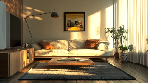 Golden hour modern living room with minimalist decor focus.