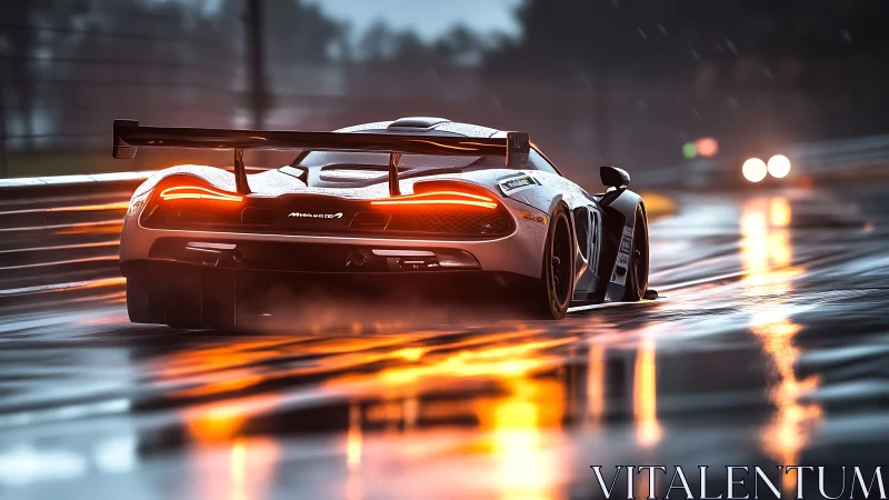 Rain-soaked GT race car powers through glowing night circuit.