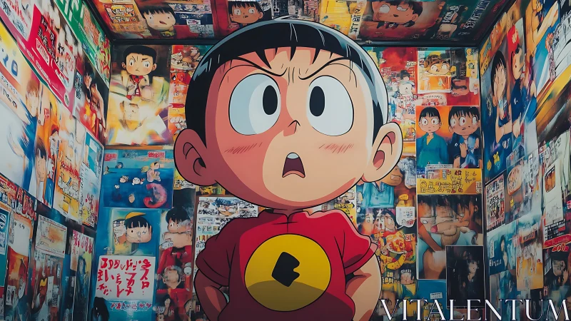 Wide-eyed manga kid stares down a whirlwind of his own posters