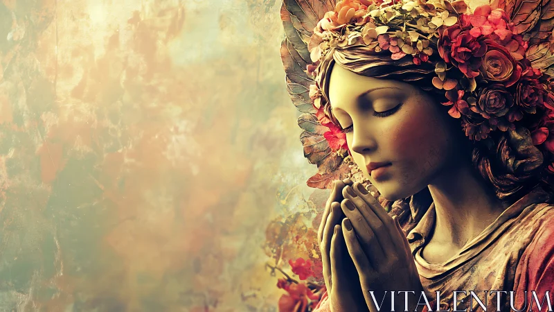 Serene floral angel sculpture in prayerful side profile.