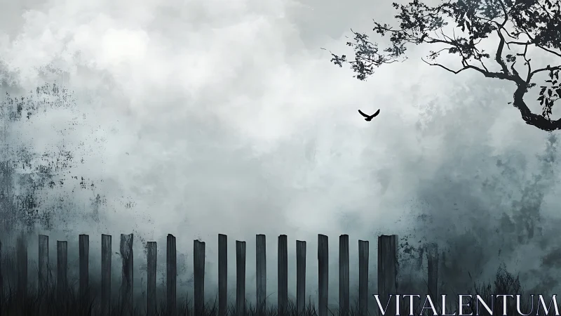 Misty fence line under lone crow and twisted tree.
