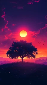 Glowing sunset tree wrapped in dreamy violet and crimson light.