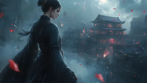 Moonlit assassin pauses as crimson petals haunt the skyline