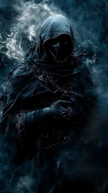 Dark hooded wraith portrait in high-contrast digital painting.