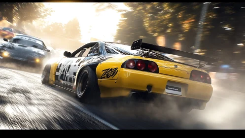Yellow drift car powerslides through sunlit city corner