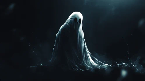 Ethereal ghostly figure glows in a deep shadowed void.