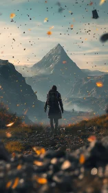 Lone traveler walking toward distant mountain peak.