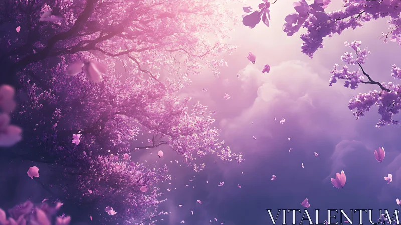 Ethereal Purple Flowering Trees with Falling Petals and Sky.