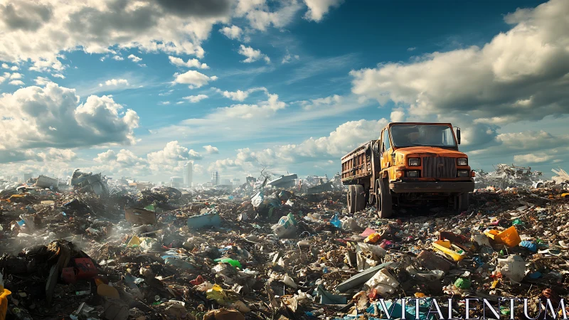 Photorealistic landfill landscape with orange dump truck focus.