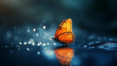 Luminous orange butterfly pauses on midnight mirror water