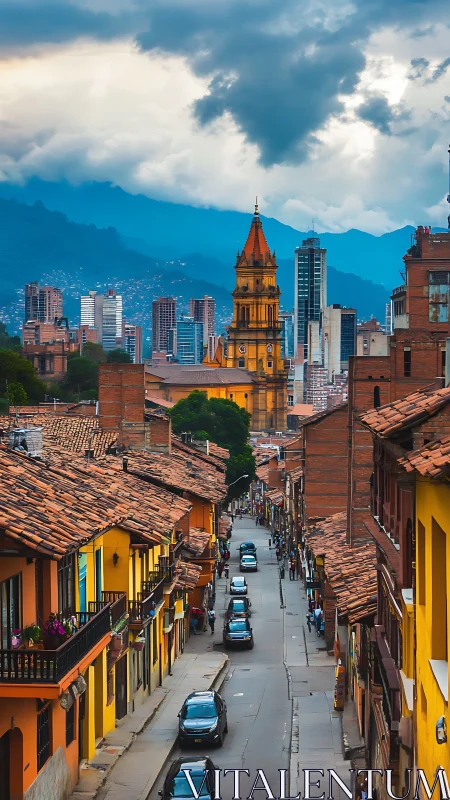 Historic Latin street recedes toward neo-gothic tower skyline