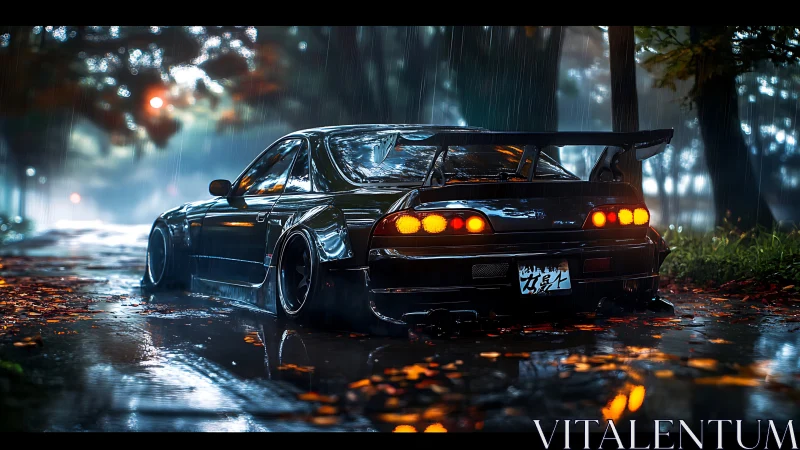 Modified street car idles in rainy forest road at night