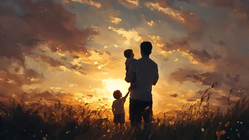 Backlit father and children silhouette framed by luminous sunset sky