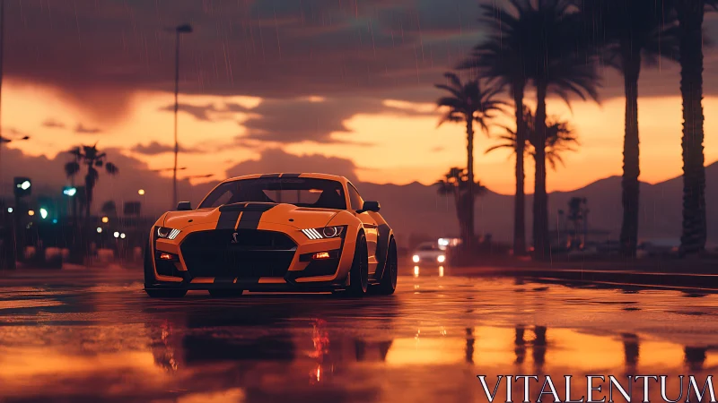 Orange muscle car on wet coastal boulevard at sunset rain