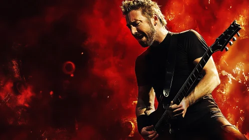 Rock guitarist in dynamic stage pose against fiery abstract backdrop.