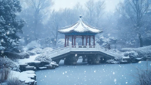 Snow-laden Chinese pavilion over frozen pond in blue haze.