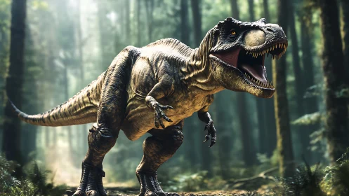 Roaring T. rex strides boldly through a sunlit primeval forest