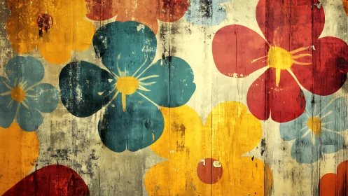 Sunny painted flowers brighten a timeworn rustic wall