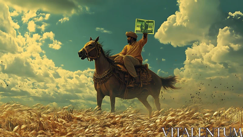 Rider in golden wheat fields raising a bold money banner.