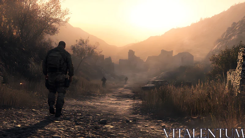 Soldiers advance toward ruined village under blazing sunset.