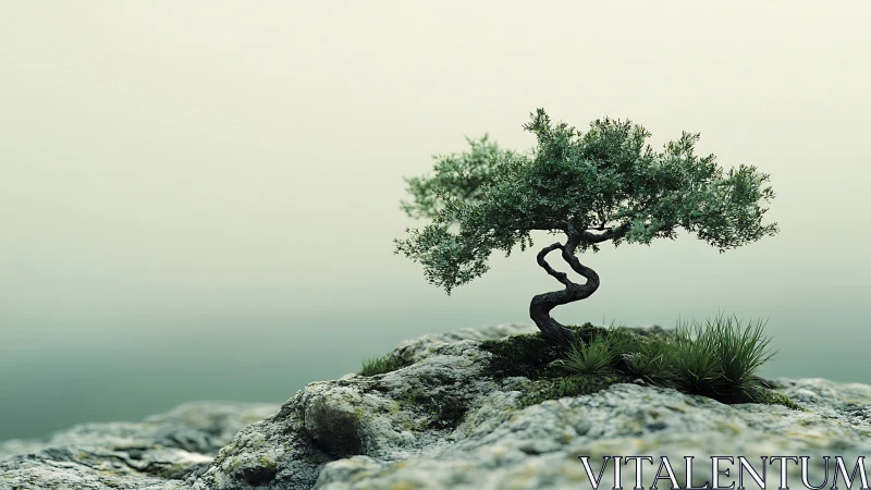 Solitary small tree on rocky surface under pale sky.