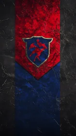 Cracked red banner shields blue knight emblem center