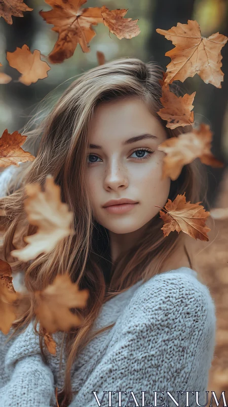 Portrait shows woman framed by suspended autumn leaves