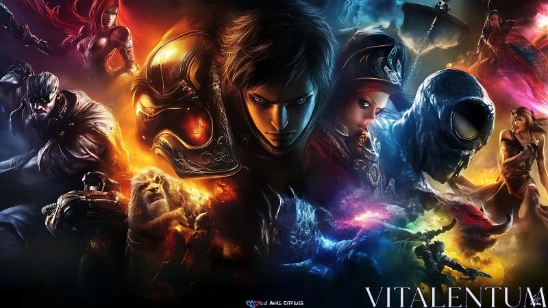 Dynamic fantasy warriors clash in vivid elemental light.