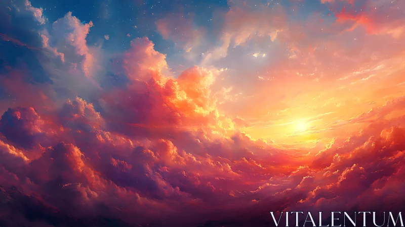 Layered cloudscape under low sun with warm light gradients.