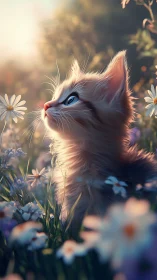 Golden-hour kitten studies light within soft wildflower field
