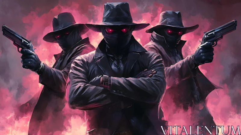 Three masked gunmen stand in stylized red smoke environment