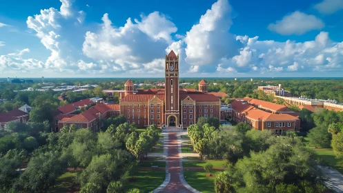 Red brick campus building with central clock tower aerial.
