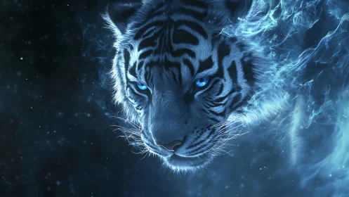 Blue-illuminated tiger head in dark abstract environment.