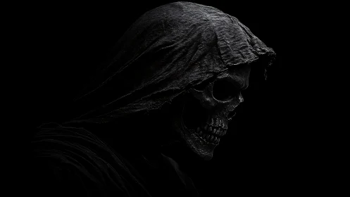 Hooded skeletal reaper emerges from darkness in stark profile