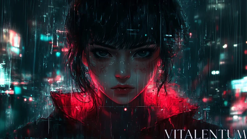 Cyberpunk portrait isolates neon-lit woman with rain-streaked bokeh