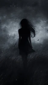 Silhouetted woman in moonlit field under stormy nocturnal sky.