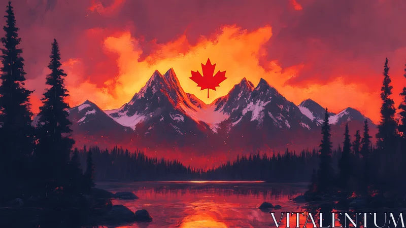 Crimson Canadian mountains glowing over a quiet lake at dusk.