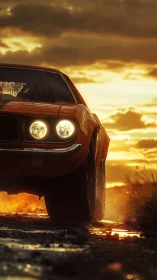 Muscle car charges through wet dirt road at sunset light