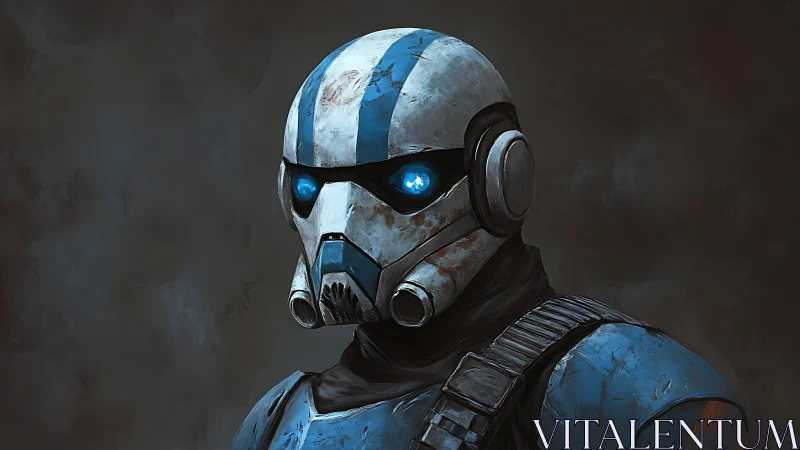 Helmeted sci fi soldier portrait with blue visor and armor.