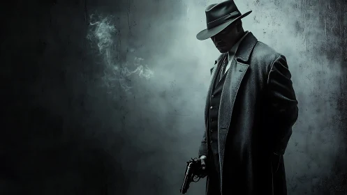 Noir detective in trench coat holding revolver in shadows.