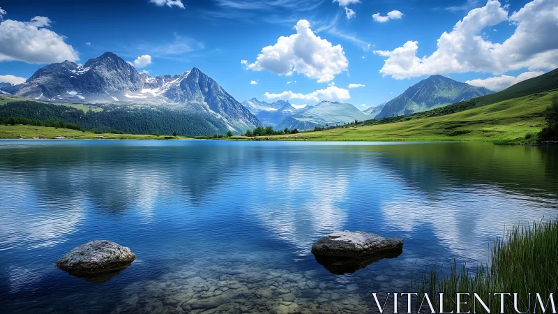 Mountain lake reflects clouded sky and distant snow peaks