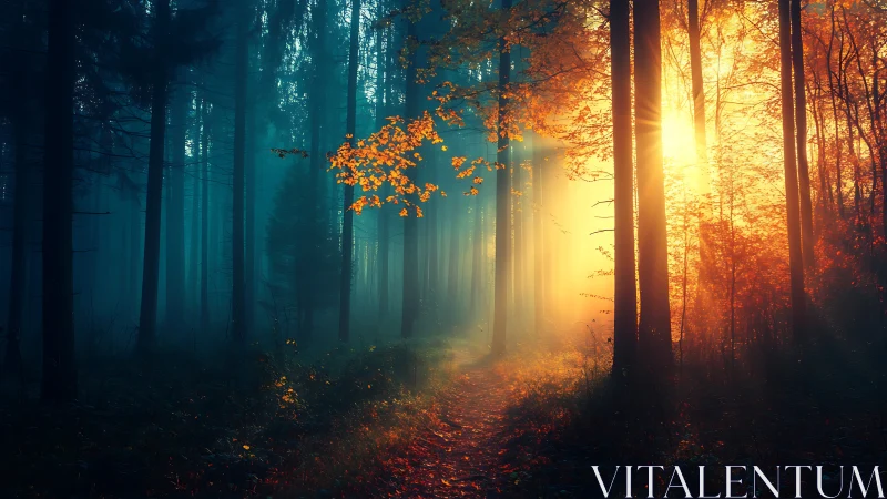 Autumn Forest Path with Contrast Light and Shadow.
