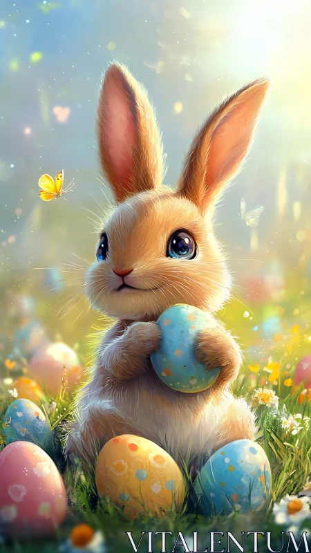 Sweet spring bunny cradling colorful painted eggs in sunlight.