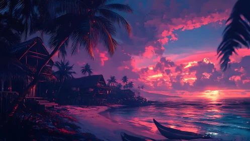 Neon dusk over tropical huts and glowing shoreline village.