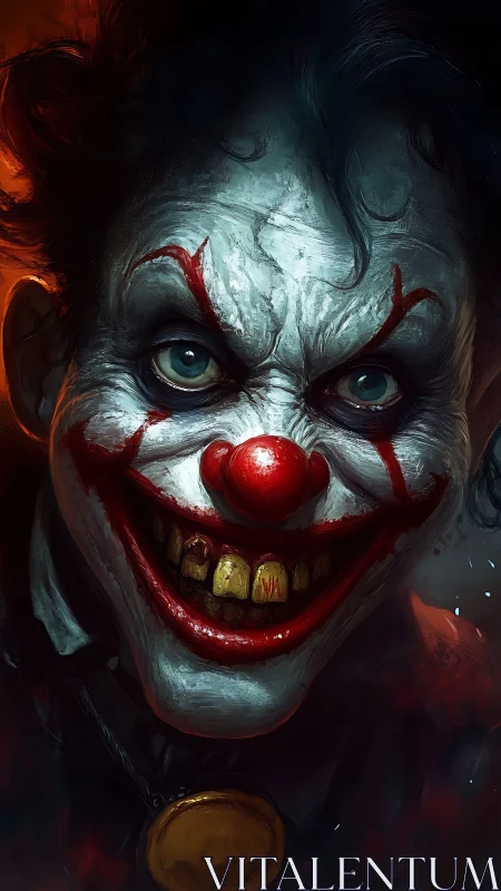 Sinister horror clown portrait with menacing grin.