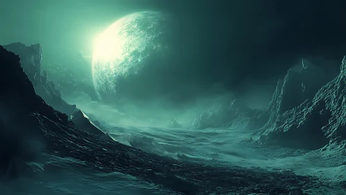 Emerald moonrise above a lonely frozen alien valley.