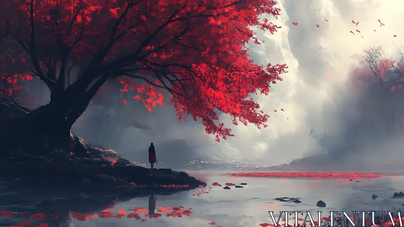 Solitary figure contemplates a crimson tree by misty waters